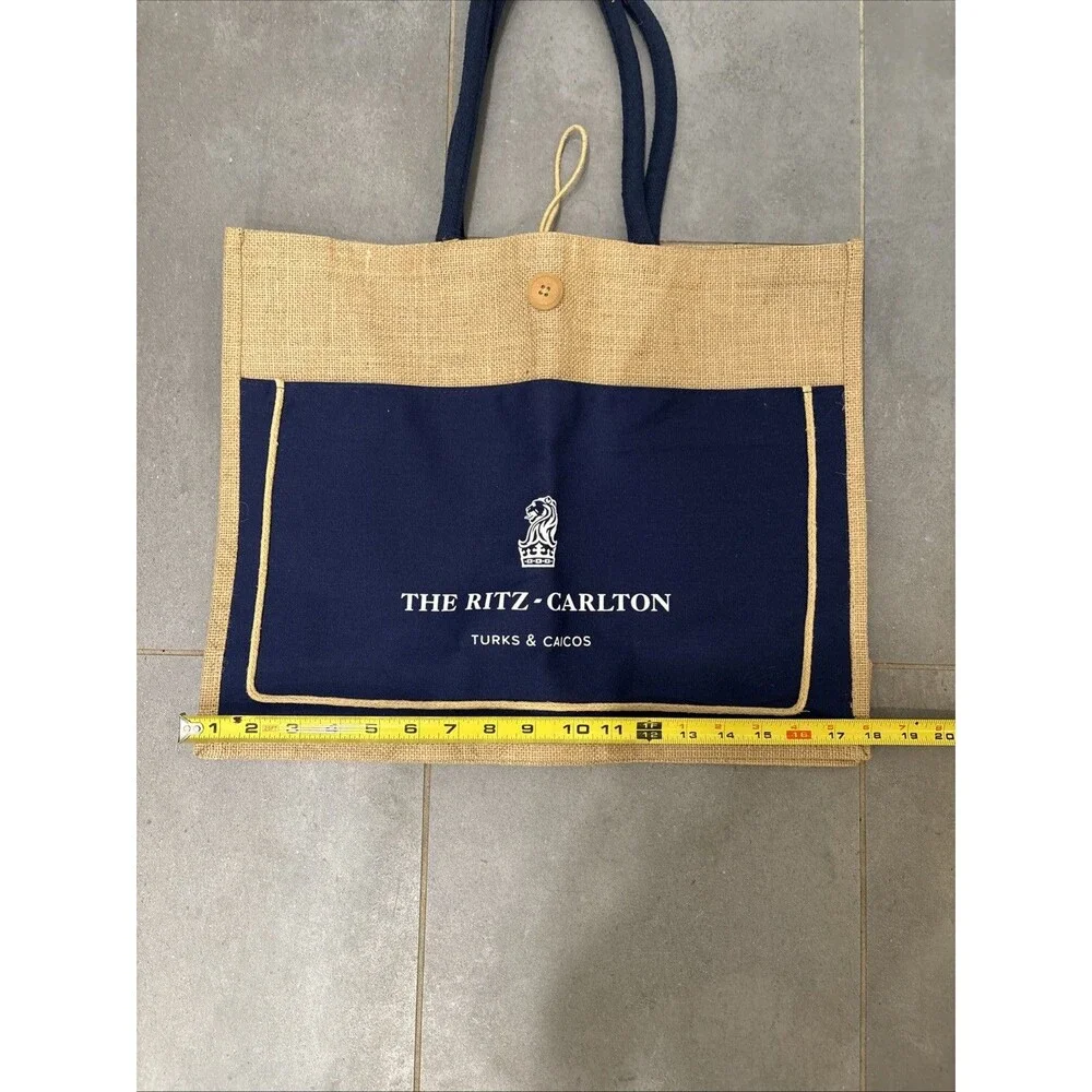 Ritz-Carlton Turks & Caicos Jute Fabric Burlap Tote Bag Navy Blue-Tan Beach Bag